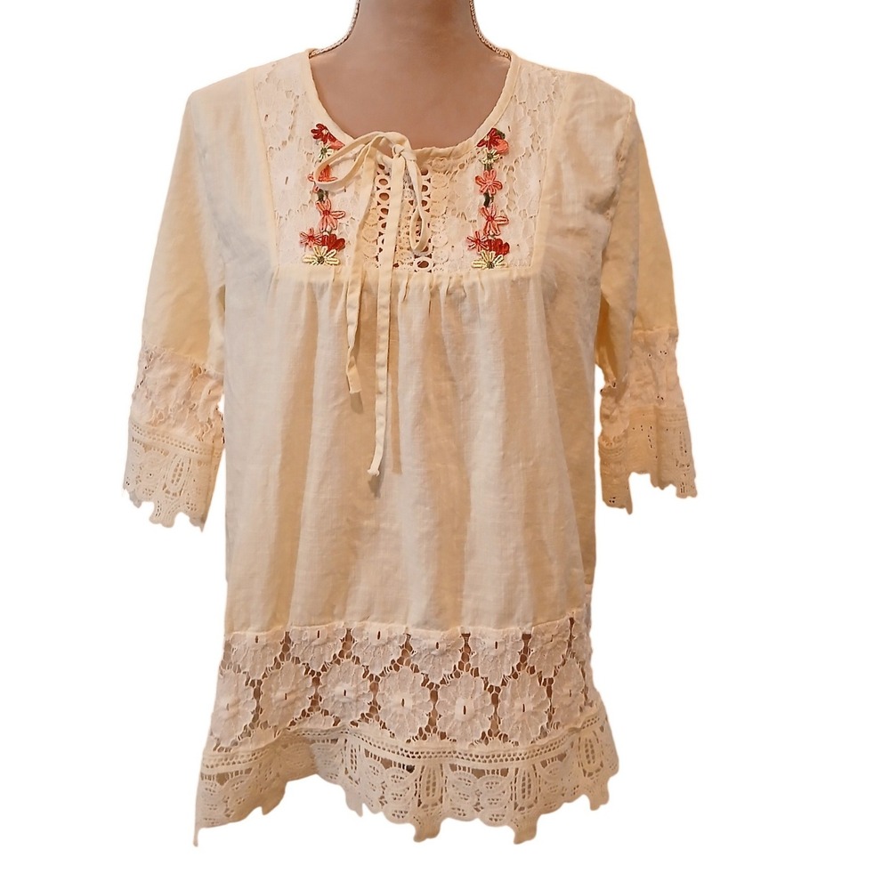 Boho Lace Floral Embroidered Tie Neck Blouse Cream XL Cottagecore 3/4 Sleeve